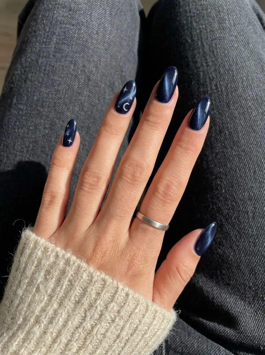 Midnight Navy Cat-Eye Celestial Christmas Nails - Navy cat-eye shimmer with gold stars and crescent moon