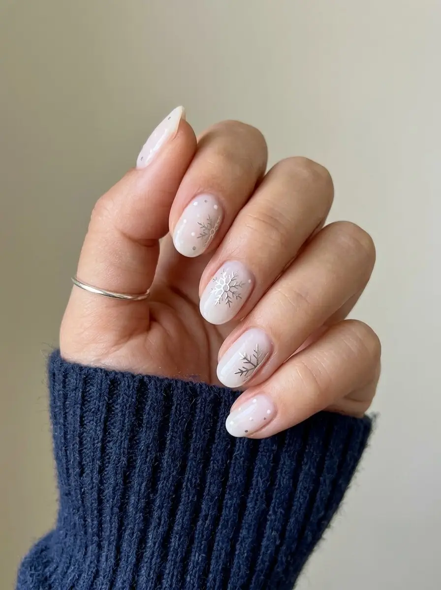 Milky Snowflake Christmas Nails - Translucent milky white nails with fine silver snowflake accents