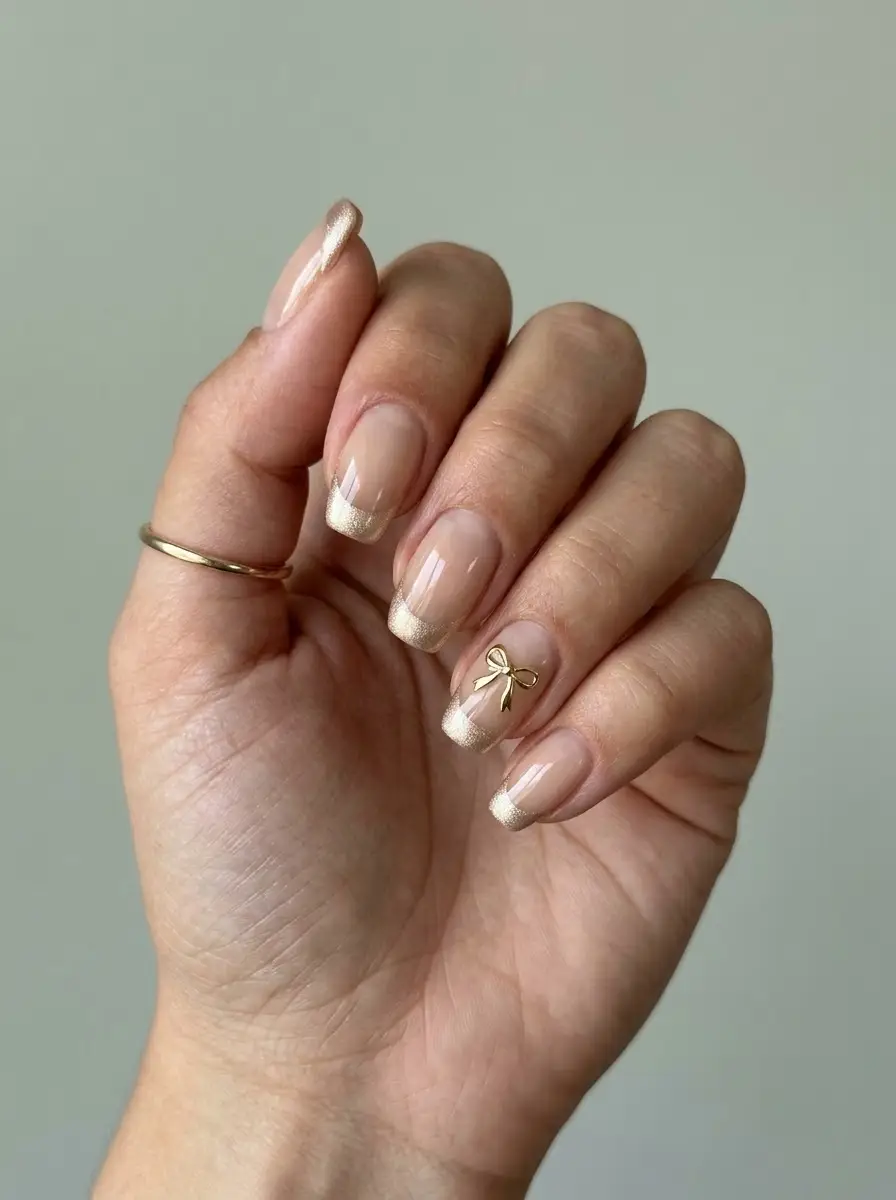Champagne Glitter French Nails With Gold Bow - Sheer nude nails with champagne gold glitter French tips and gold bow