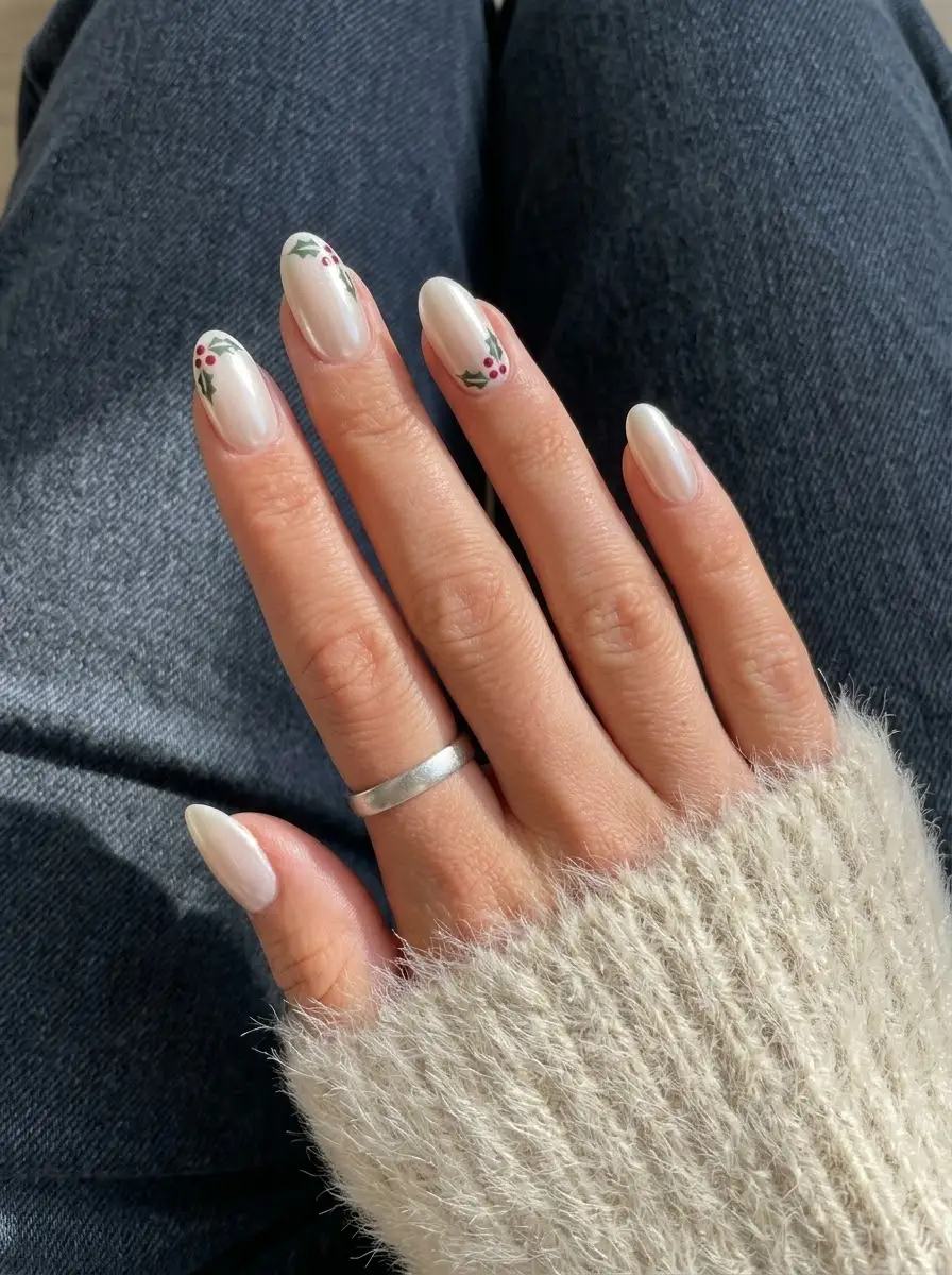 Pearl White Holly Berry Christmas Nails - Pearly white shimmer nails with delicate green holly leaves and red berries