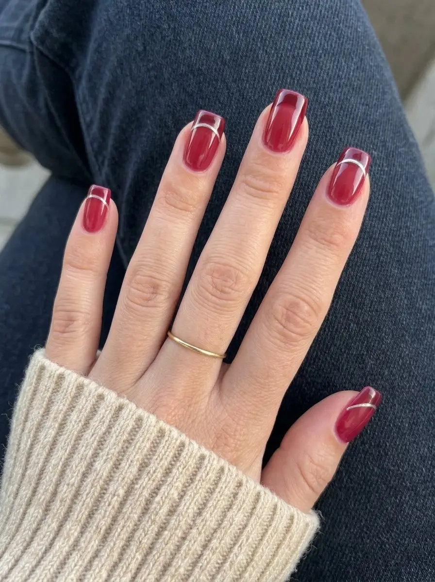 Deep Red French Nails With Silver Curved Lines - Glossy berry red polish with thin silver outlines under tips