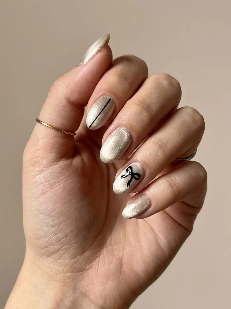 Champagne Shimmer Nails With Black Bow - Pearly champagne shimmer nails with thin black line and bow accent
