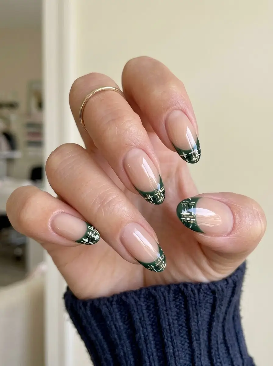 Dark Green Plaid French Christmas Nails - Sheer nude nails with forest green plaid French tips