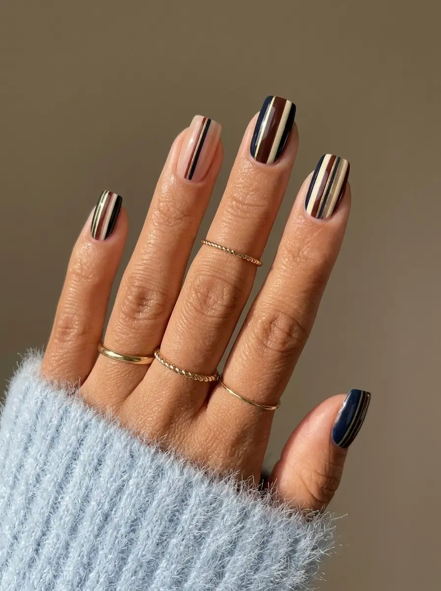 Navy, Burgundy and Cream Striped Christmas Nails - Short square nails with vertical stripes in navy, burgundy, cream, and gold