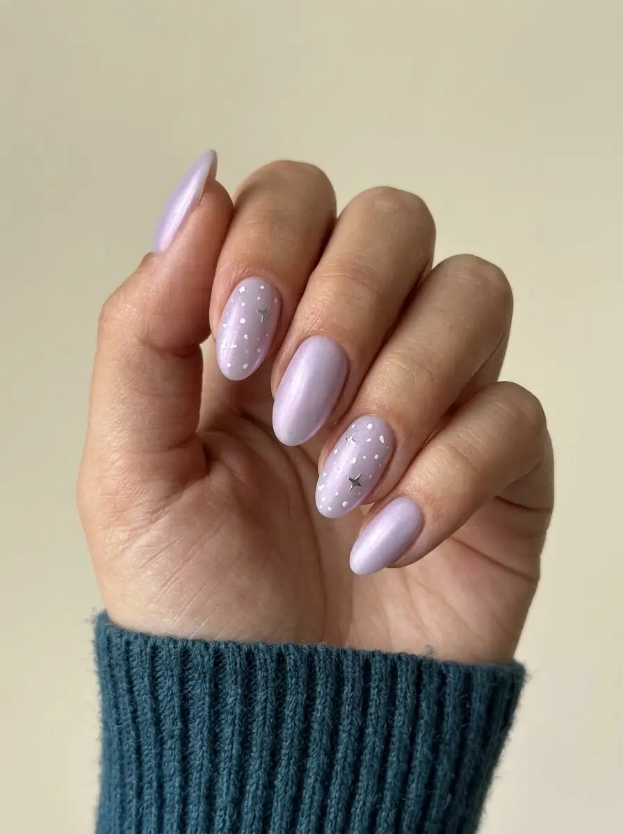 Soft Lilac Snowfall Christmas Nails - Matte pastel lilac nails with white polka dots and silver starbursts