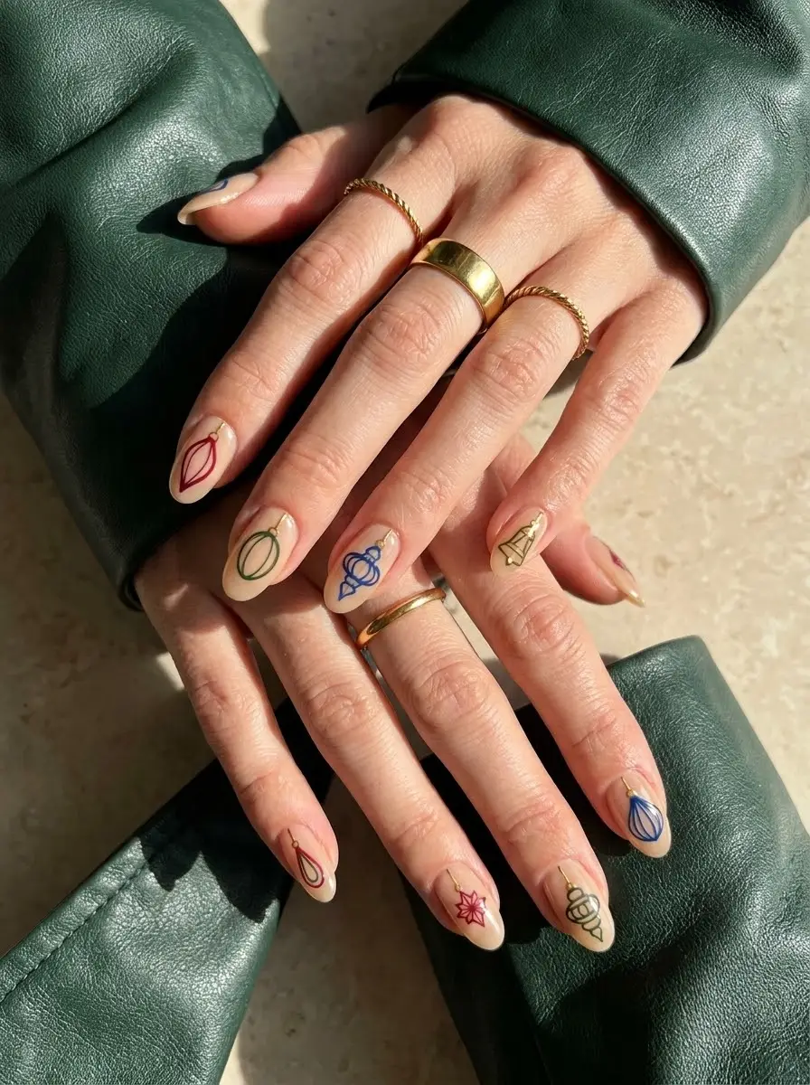 Vintage Christmas Ornament Nails - Soft nude base with painted Christmas baubles, bells, and ornaments