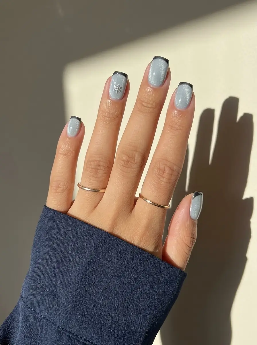 Icy Blue French Snowflake Christmas Nails - Matte light blue nails with fine black French outlines and silver snowflake