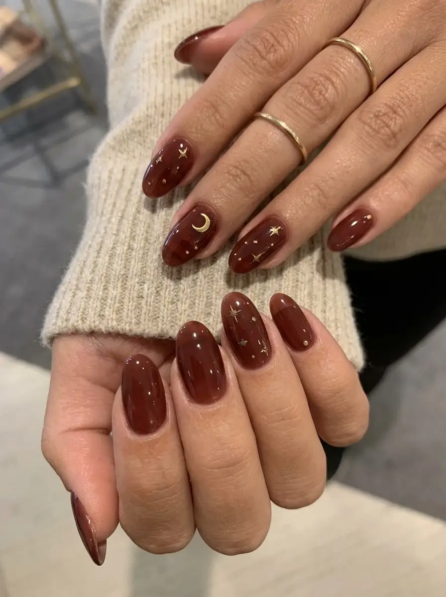 Brown Celestial Christmas Nails - Glossy chestnut-brown nails with gold stars and crescent moon