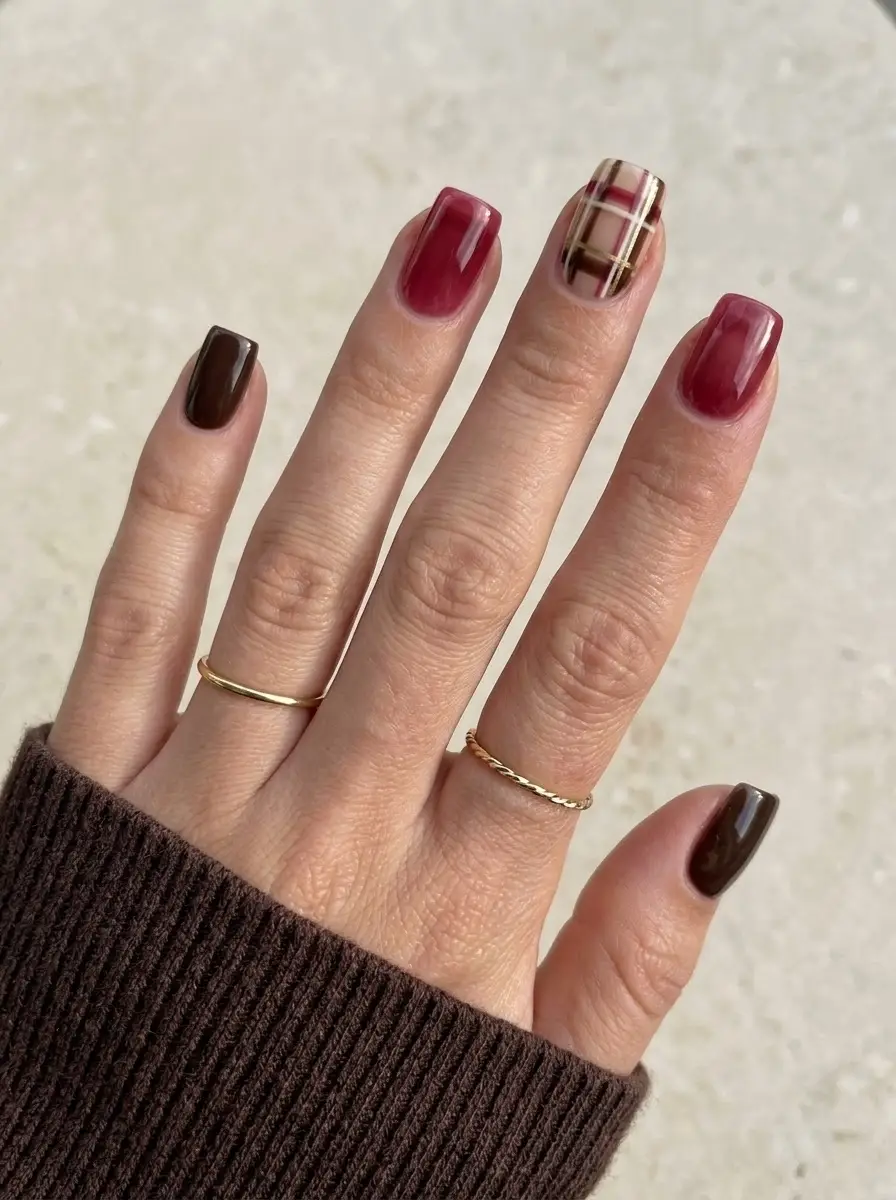 Burgundy and Chocolate Plaid Christmas Nails - Glossy burgundy nails with a plaid accent nail in chocolate and cream