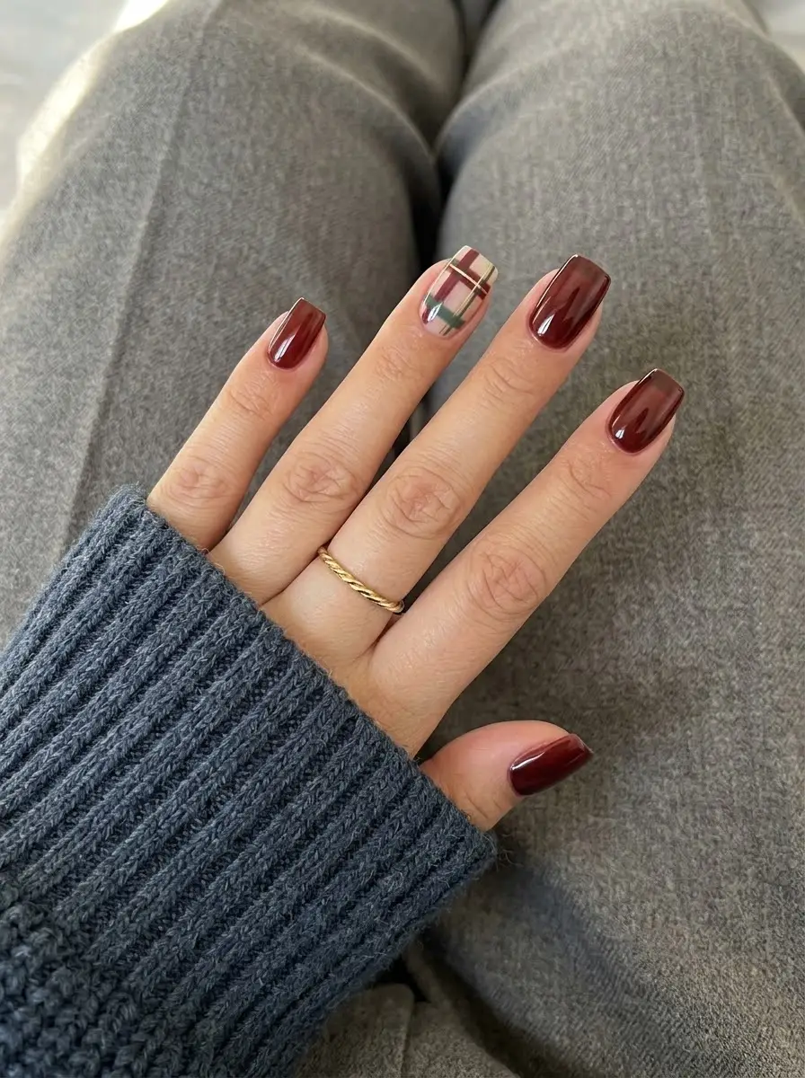 Deep Burgundy Plaid Accent Christmas Nails - Deep wine-burgundy nails with a tartan plaid accent nail