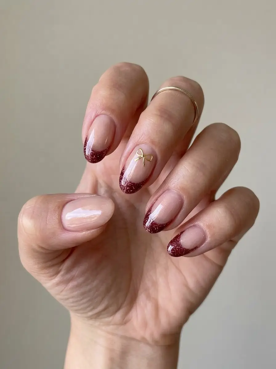 Red Glitter French Nails With Gold Bow - Sheer nude nails with red glitter French tips and gold bow motif