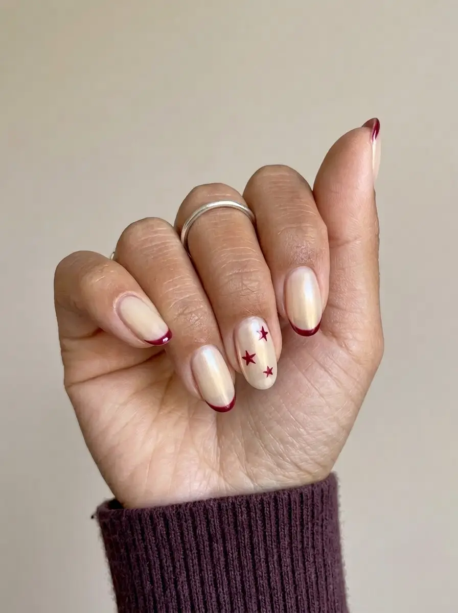 Creamy Pearl Nails With Burgundy Tips and Stars - Luminous creamy pearl short oval nails with wine-red French tips and scattered burgundy stars