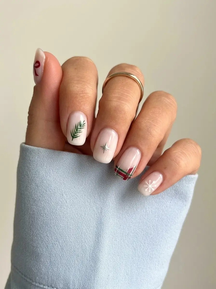 Mix-and-Match Minimal Christmas Nail Art - Pale milky base short nails featuring tiny evergreen branch, gold star, plaid lines, snowflake, and bow