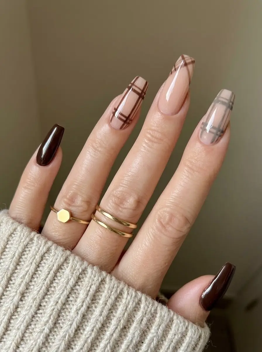 Chocolate Plaid Short Christmas Nails - Short nails with espresso brown solid polish and brown plaid line art on a translucent nude base