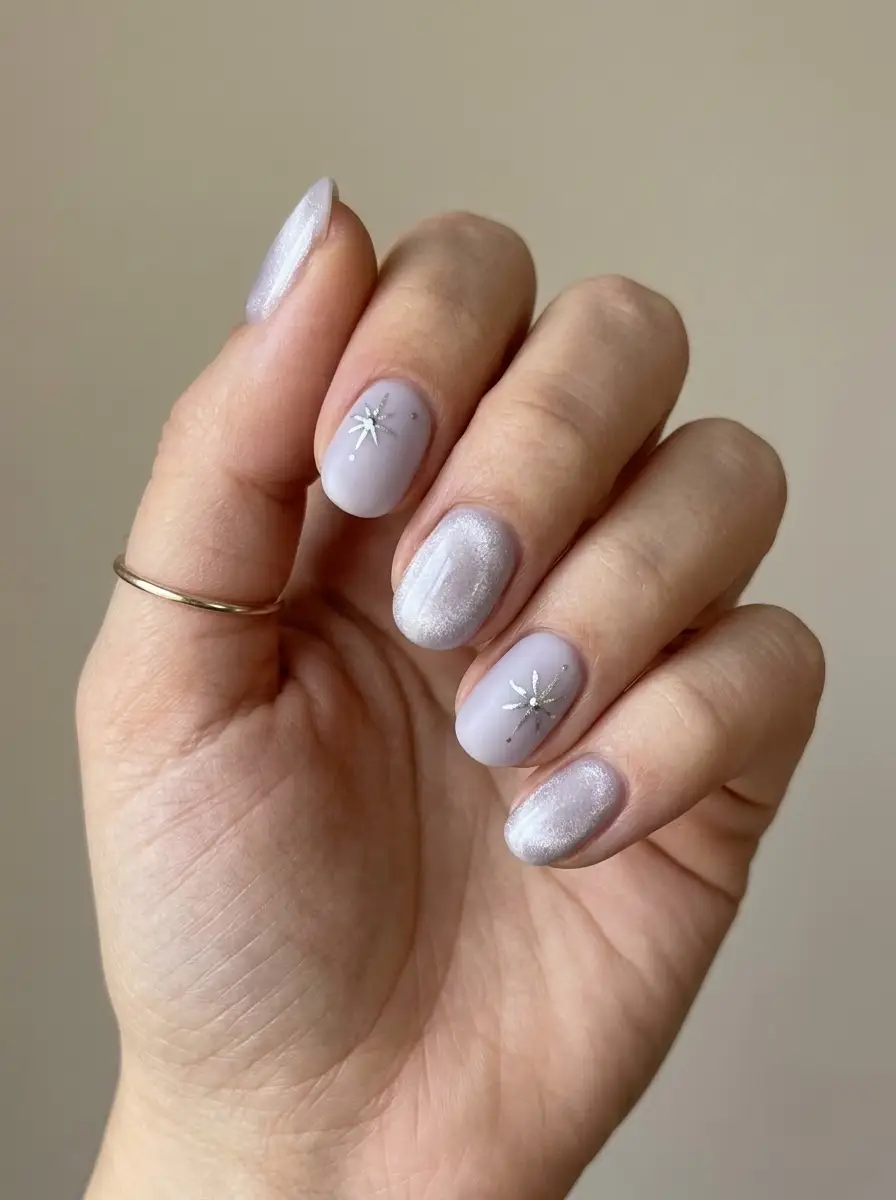 Icy Lavender Shimmer Christmas Nails - Short rounded nails with milky lavender shimmer and silver starburst accents
