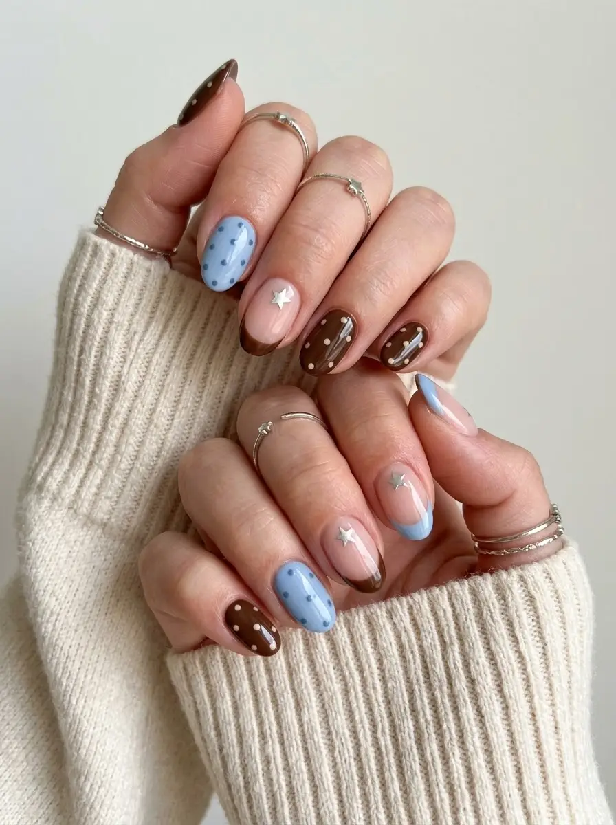 Chocolate Brown and Icy Blue Polka Dot Christmas Nails - Short rounded nails with brown and powder blue French tips, polka dots, and silver stars
