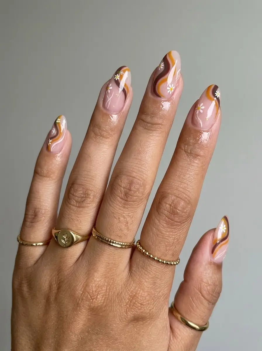 Retro Swirl Christmas Short Nails With Tiny Flowers - Translucent nude short almond nails with brown, caramel, and blush swirls with white daisies