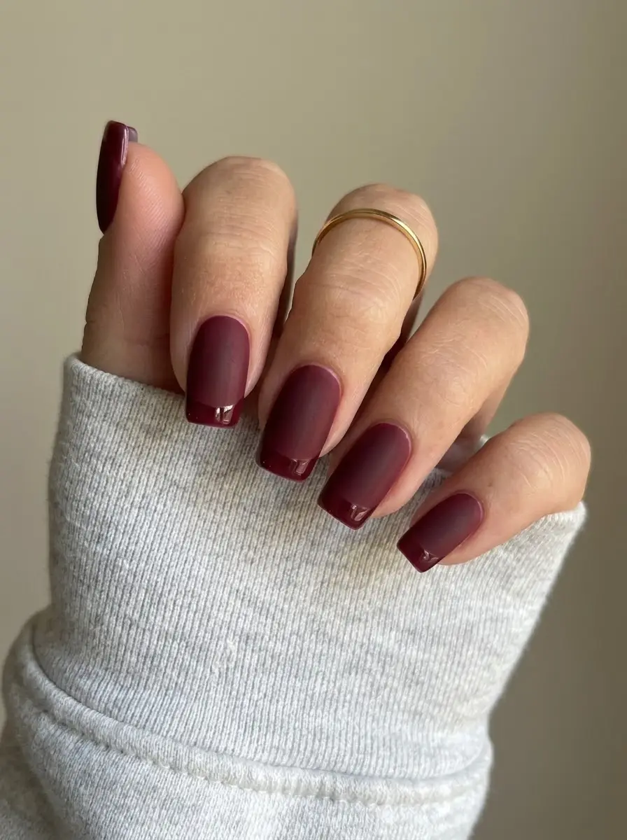 Matte Burgundy Nails with Glossy Deep Red Tips