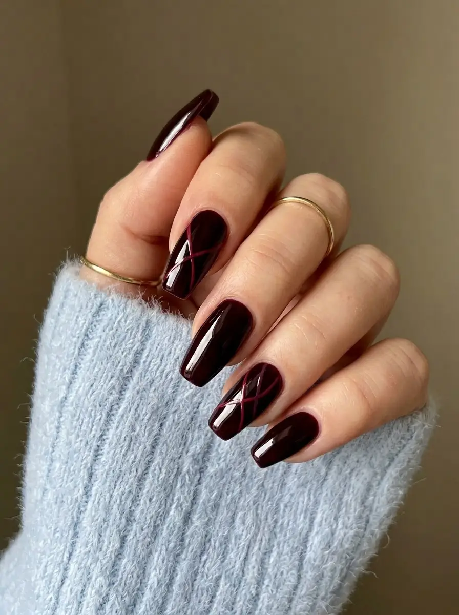 Black Cherry Nails with Criss-Cross Red Lines