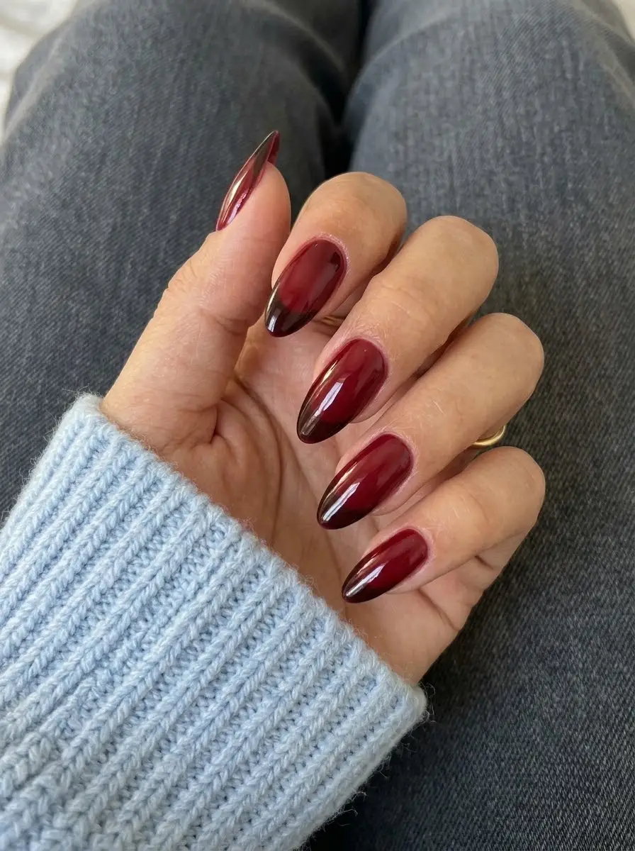 Sheer Deep Red Ombre Nails with Dark Tips