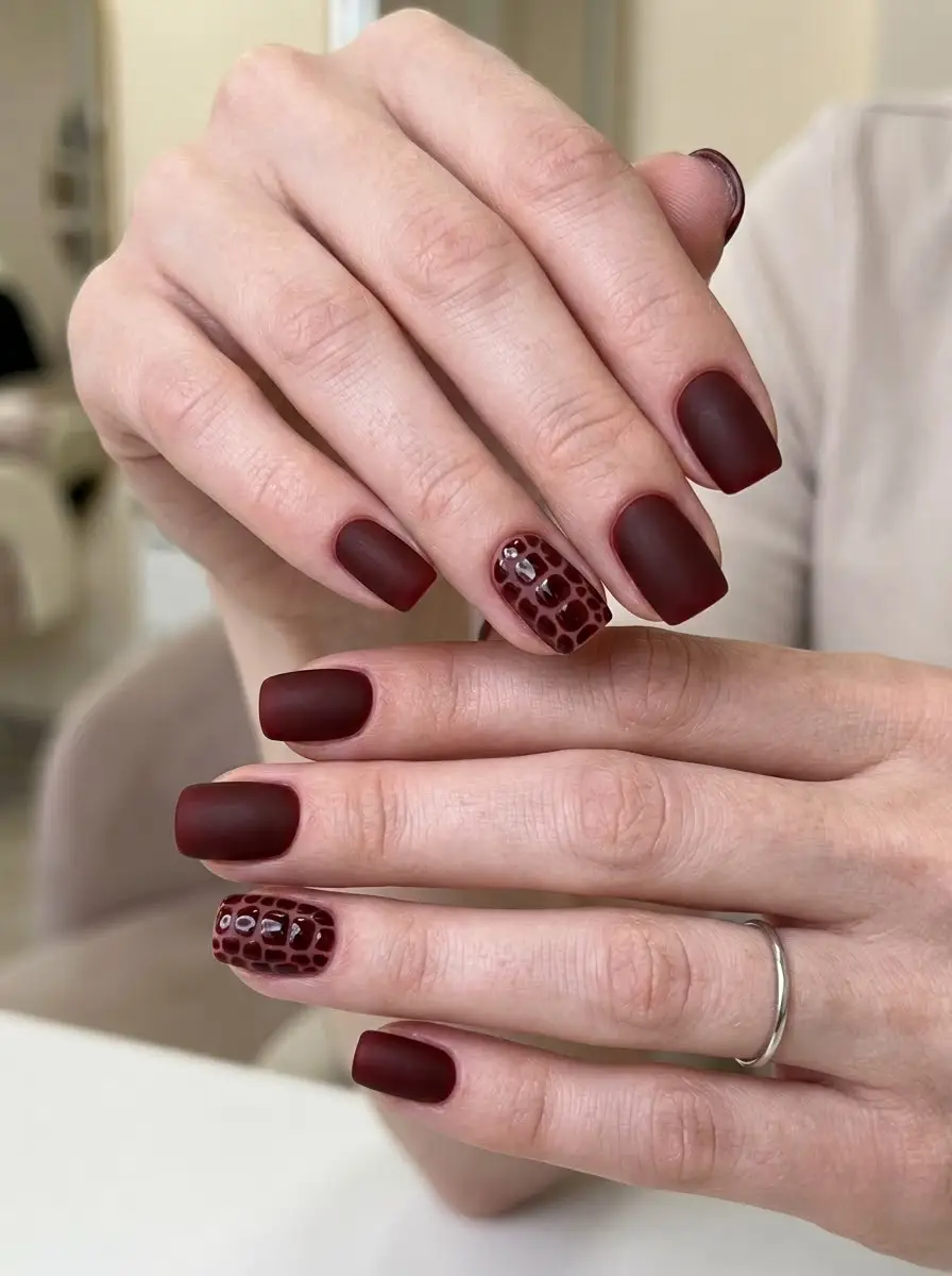 Matte Oxblood Nails with Crocodile Print Accents