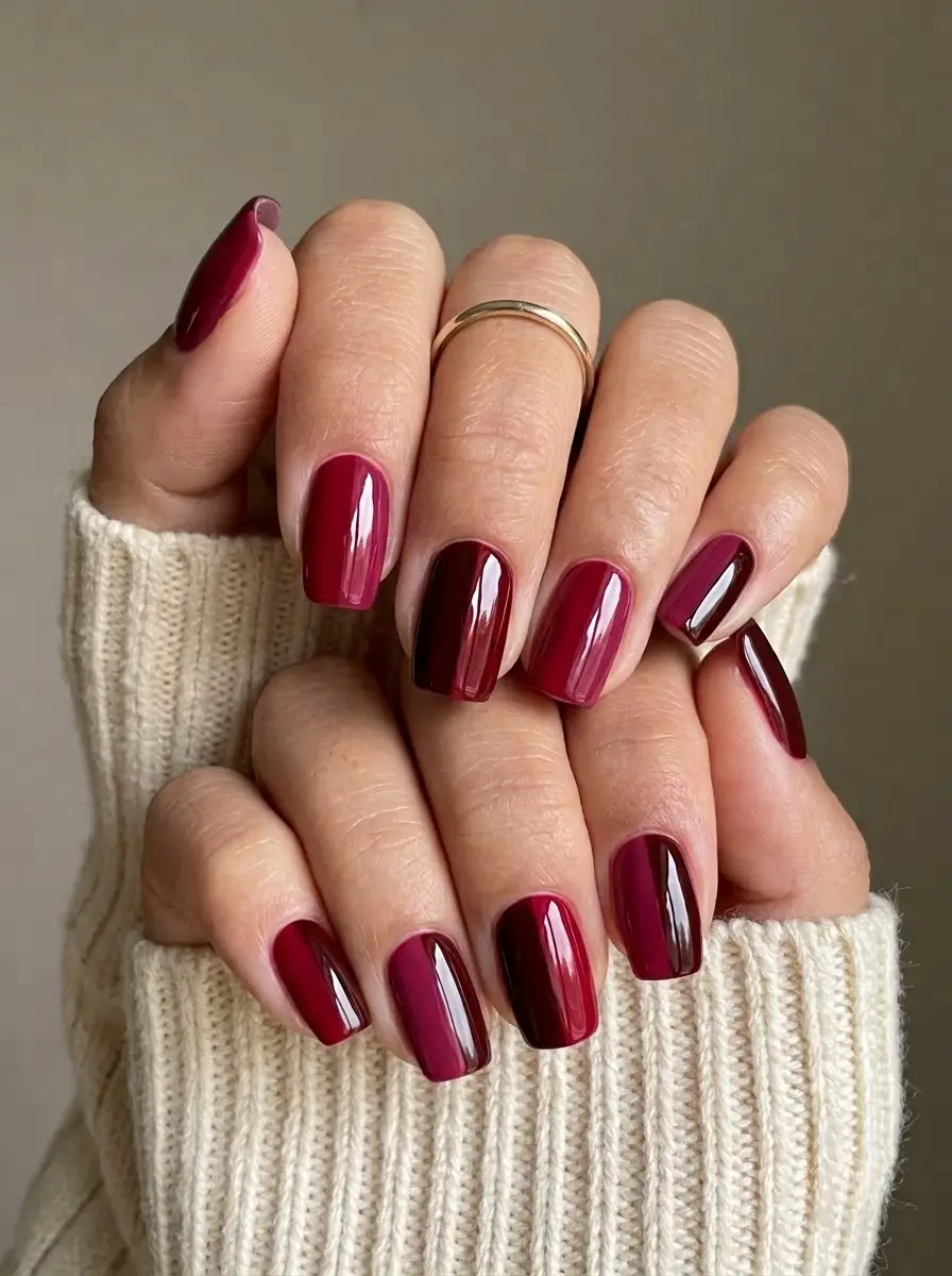 Deep Red and Berry Color-Block Nails