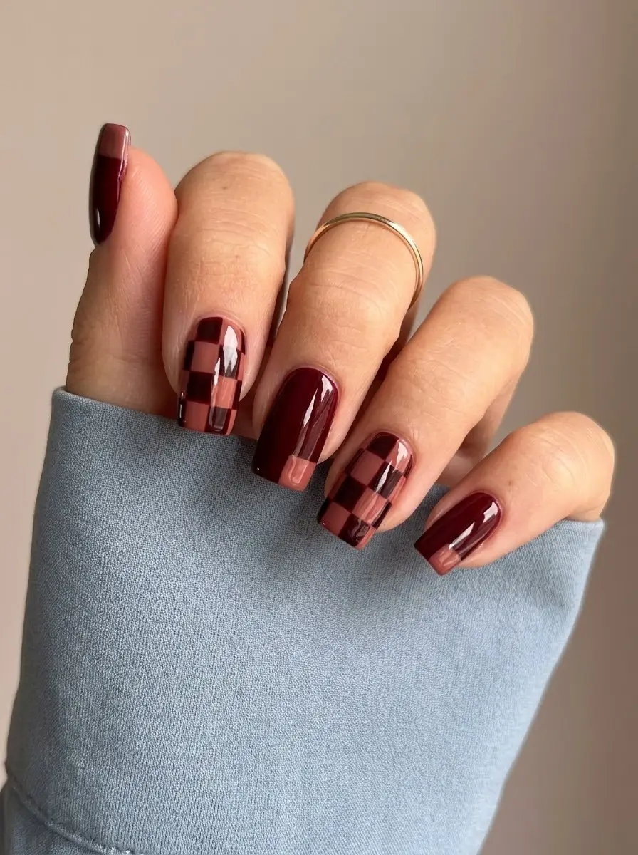 Deep Red Nails with Nude Checkered Nail Art