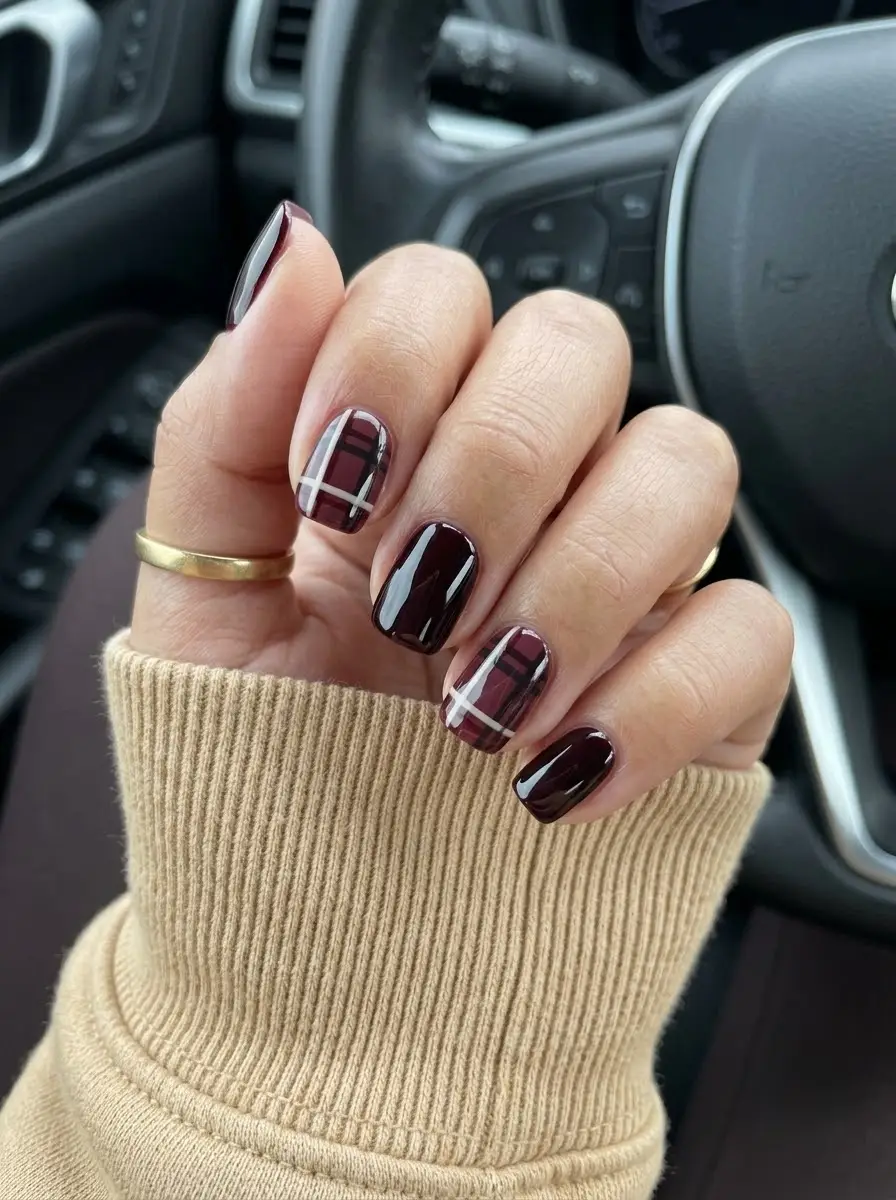Deep Red Plaid Nails with White Line Art
