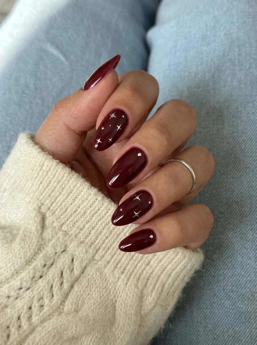 Deep Red Celestial Nails with Silver Stars