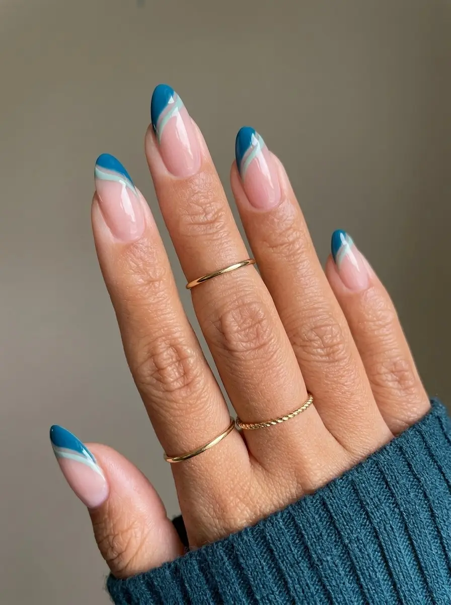 Teal French Tips with Soft Mint Double Lines