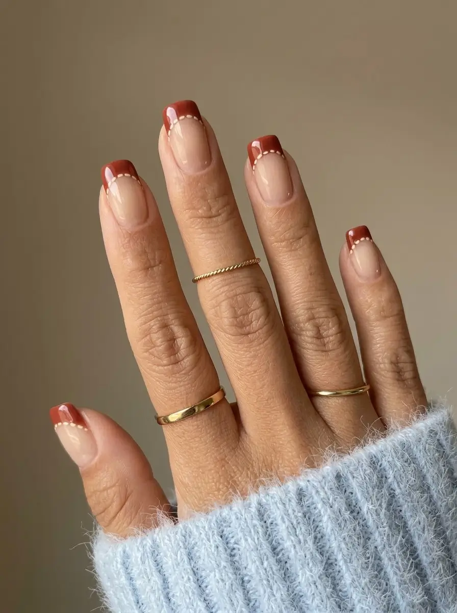 Terracotta French Tips with Stitched Dot Details