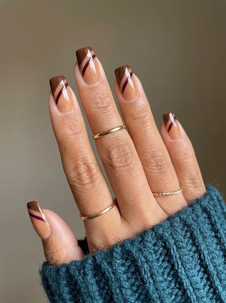 Chocolate Brown French Tips with Burgundy Diagonal Lines