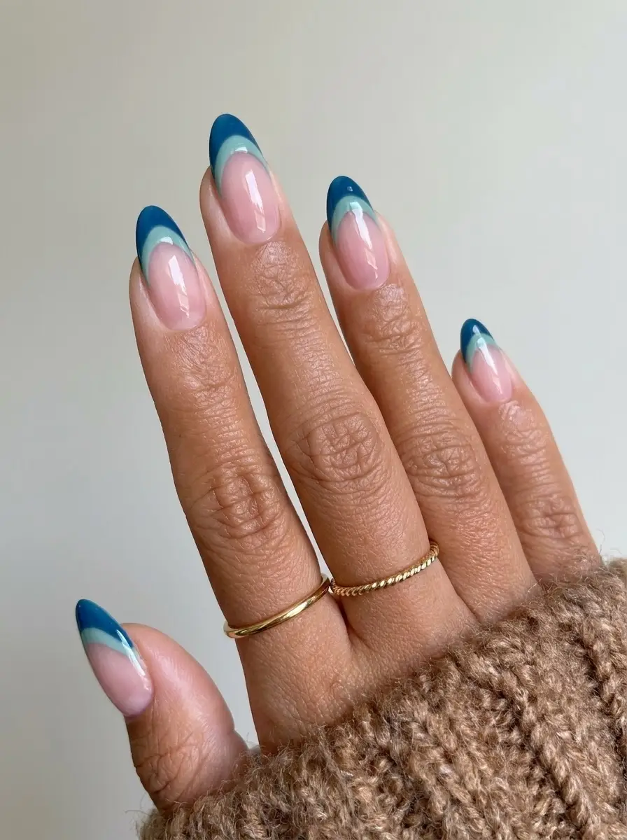 Teal French Tips with Mint Green Double Lines