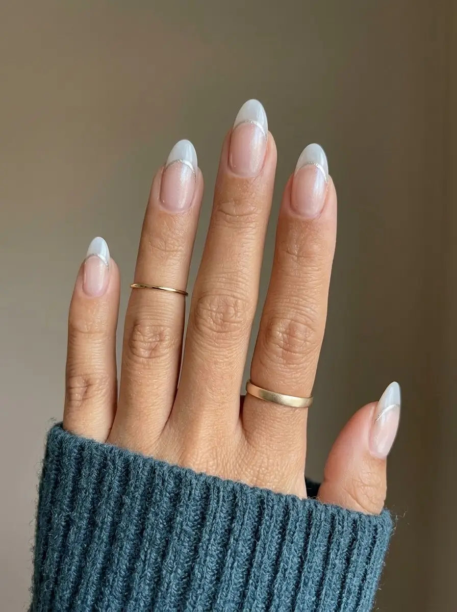 Pearl White French Tips with Delicate Silver Lines