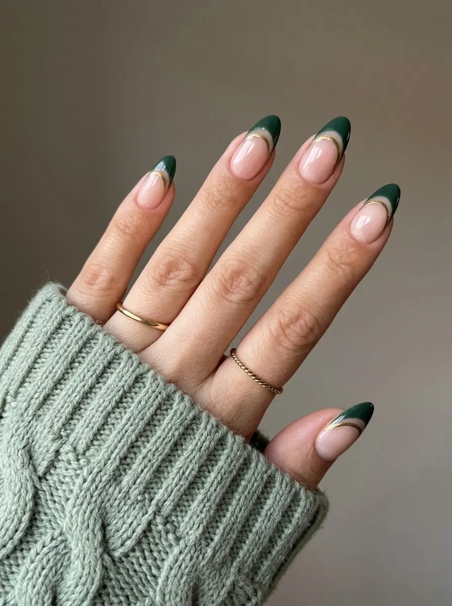 Emerald Green and Gold Double French Manicure