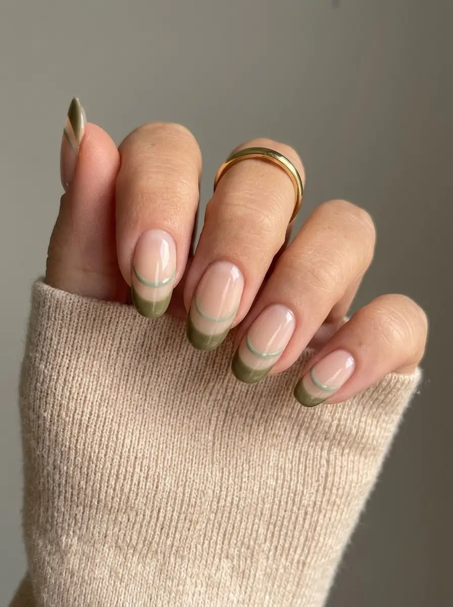 Olive Green French Tips with Mint Green Double Lines