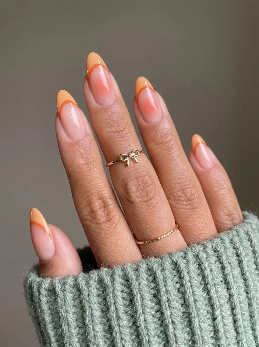 Peach Ombre French Tips with Orange Curved Lines