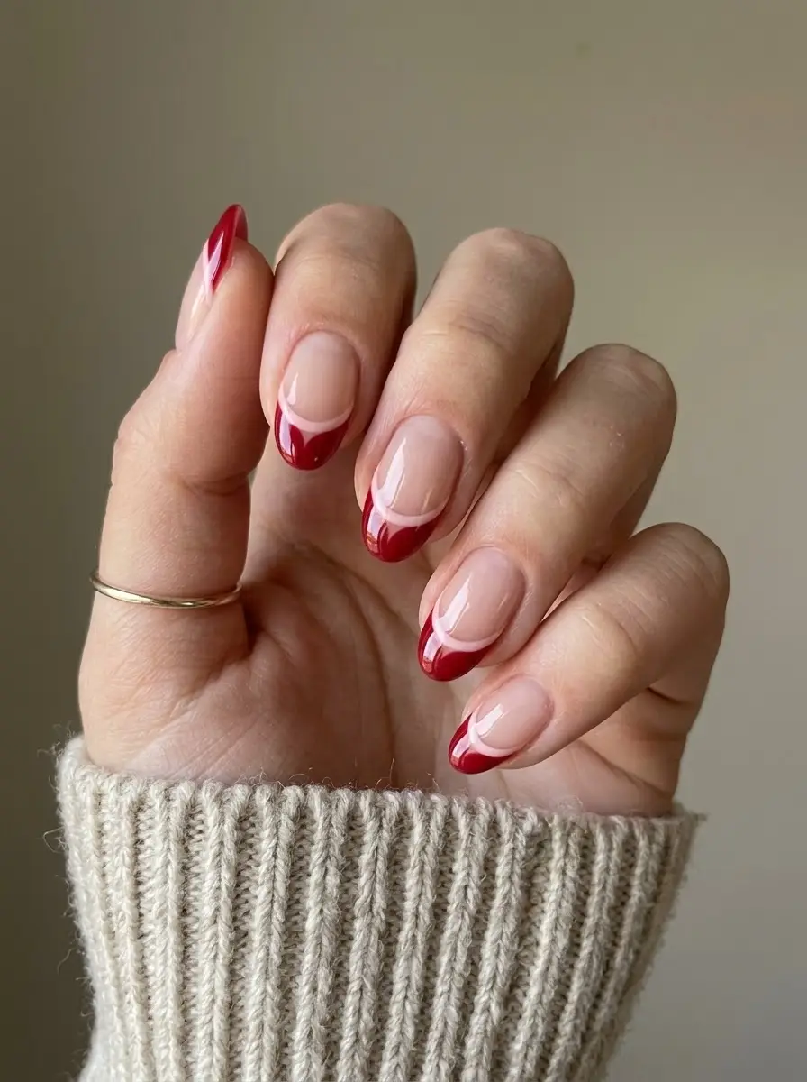 Cherry Red Double French Tips with Soft Pink Lines