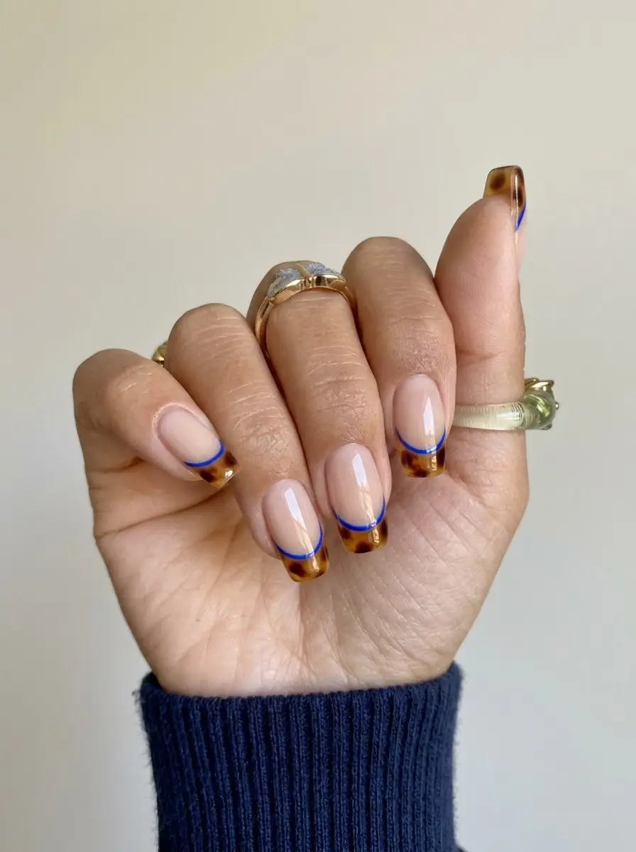 Tortoiseshell French Tips with Electric Blue Lines