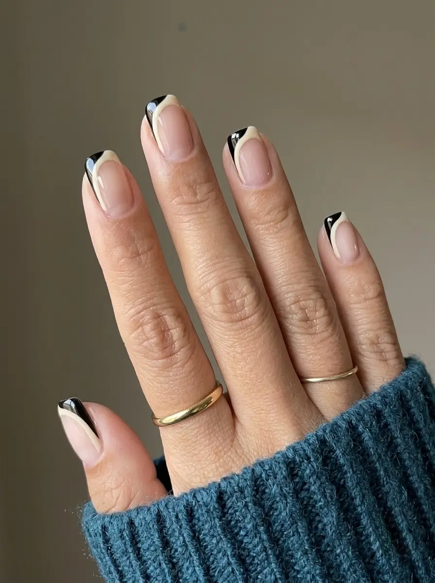 Black and White Asymmetrical Double French Tips