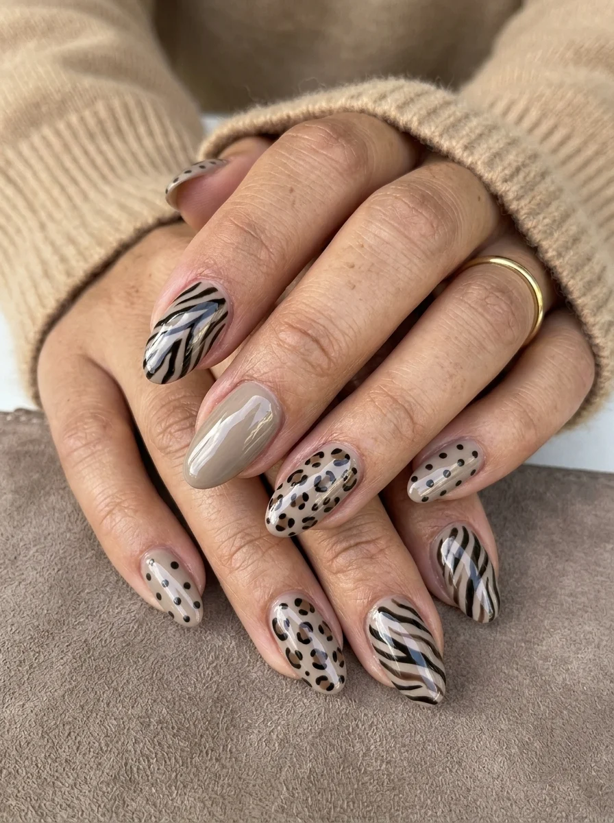 Almond nails with a taupe base featuring mixed animal prints including zebra stripes, leopard spots, and polka dots.