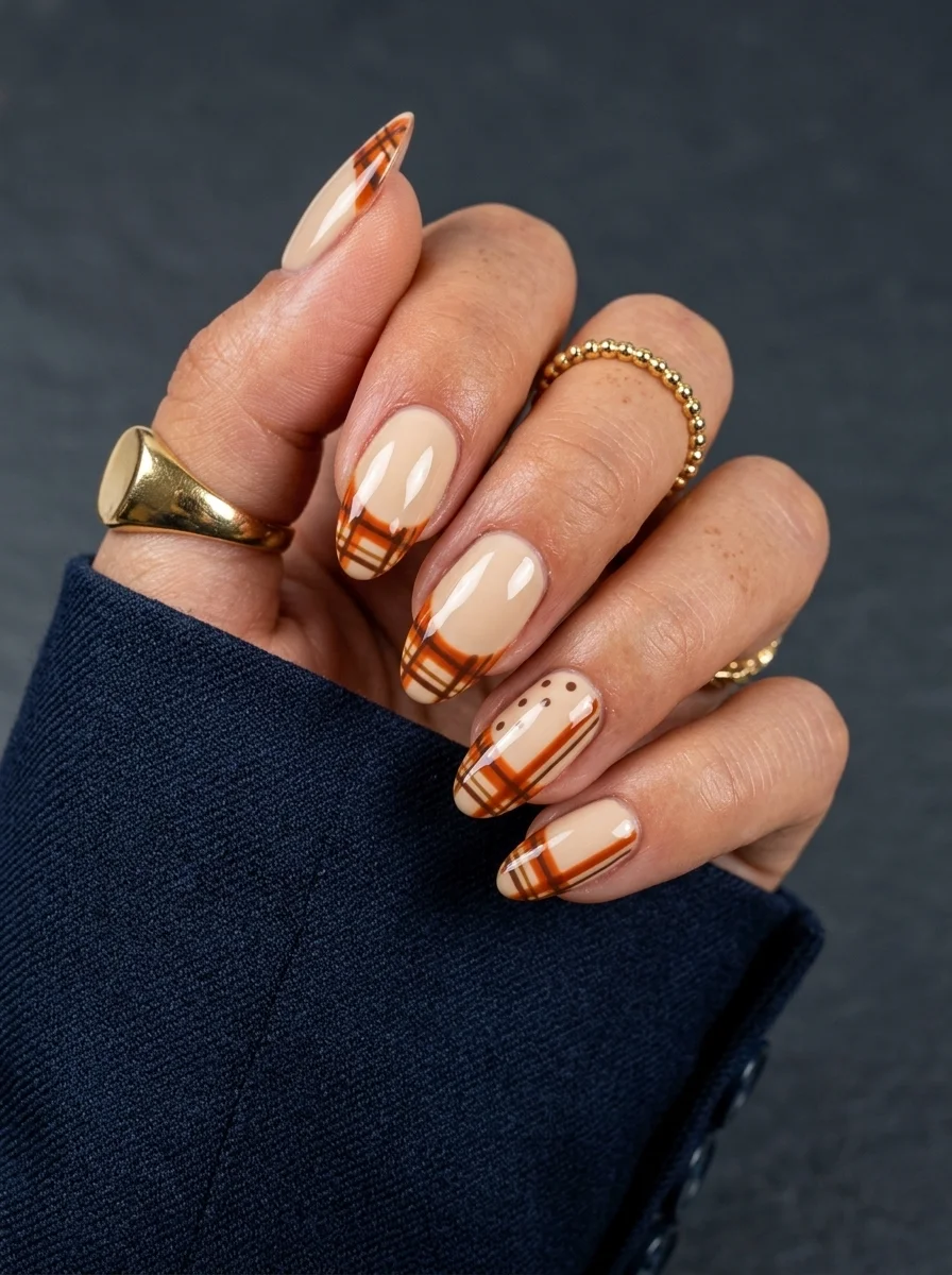 Almond nails with a nude base and burnt orange and brown plaid patterns concentrated at the tips.
