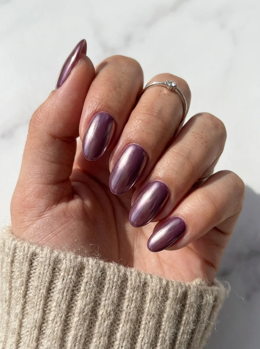 Almond nails with a metallic purple-mauve chrome finish creating a reflective surface.