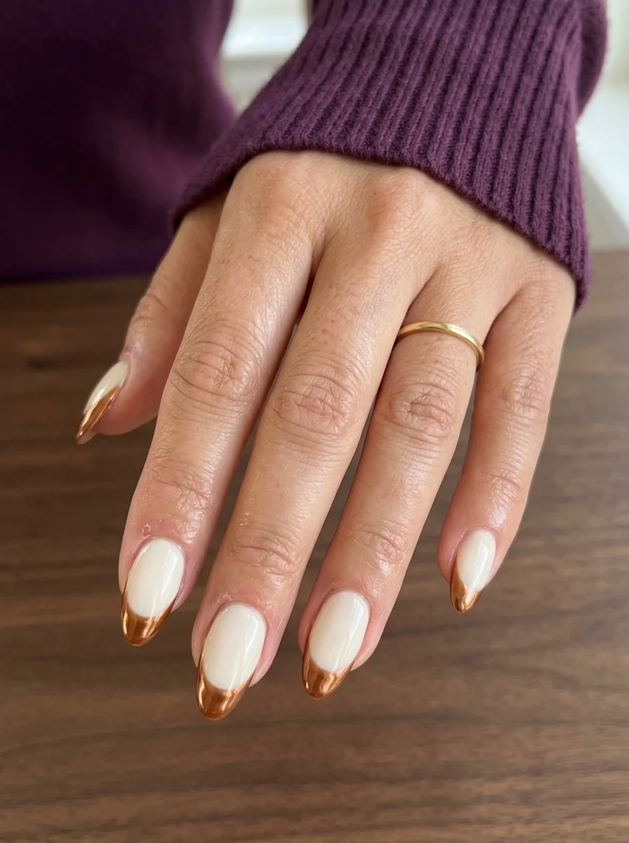 Almond nails with a milky white base and rose gold metallic French tips.
