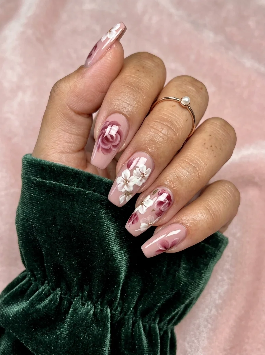 Long coffin nails with a sheer pink base featuring detailed hand-painted roses in burgundy and white flowers with green leaves.
