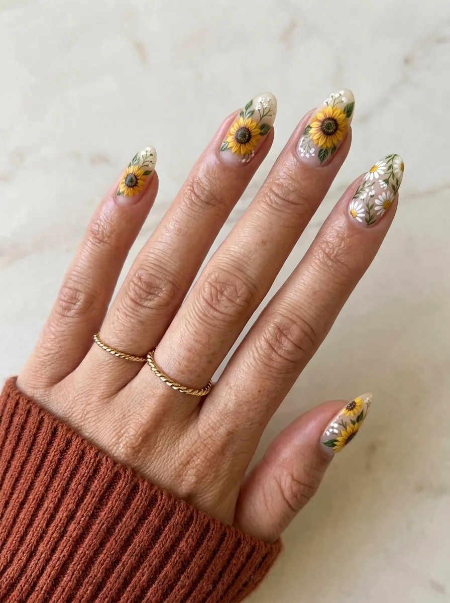 Almond nails with a nude base featuring scattered hand-painted sunflowers and white daisies with green leaves.