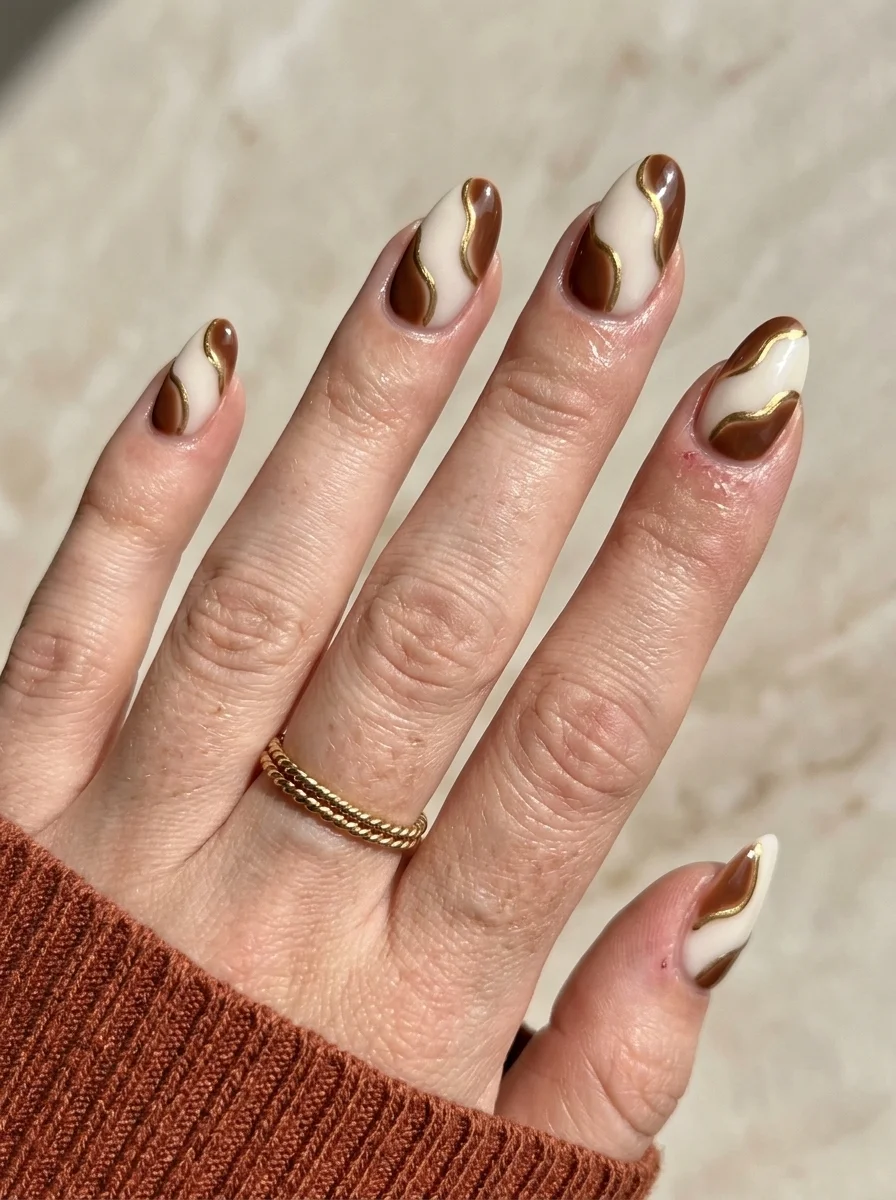 Almond nails with a white base and abstract brown swirl shapes outlined in gold metallic.