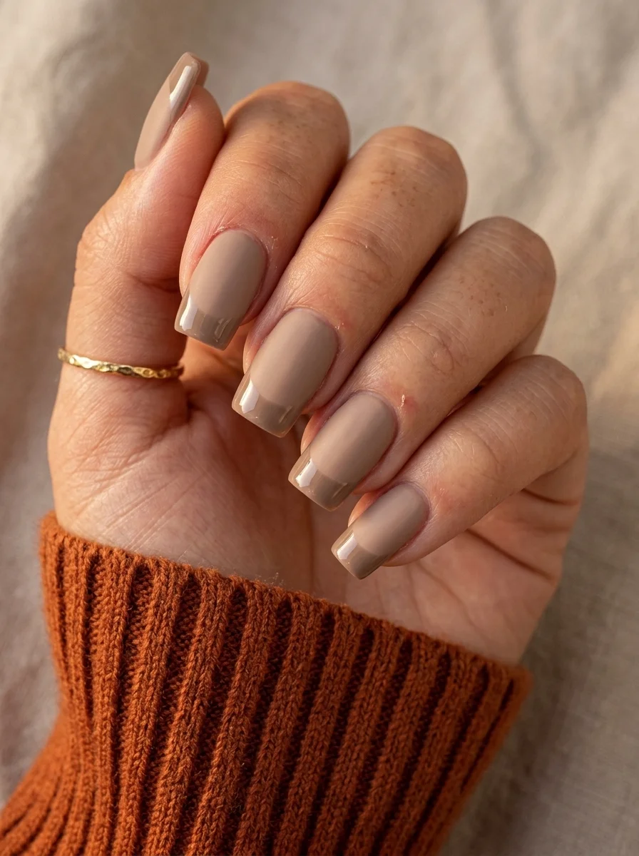 Square nails with a nude taupe base and modern French tips in a slightly lighter neutral shade.