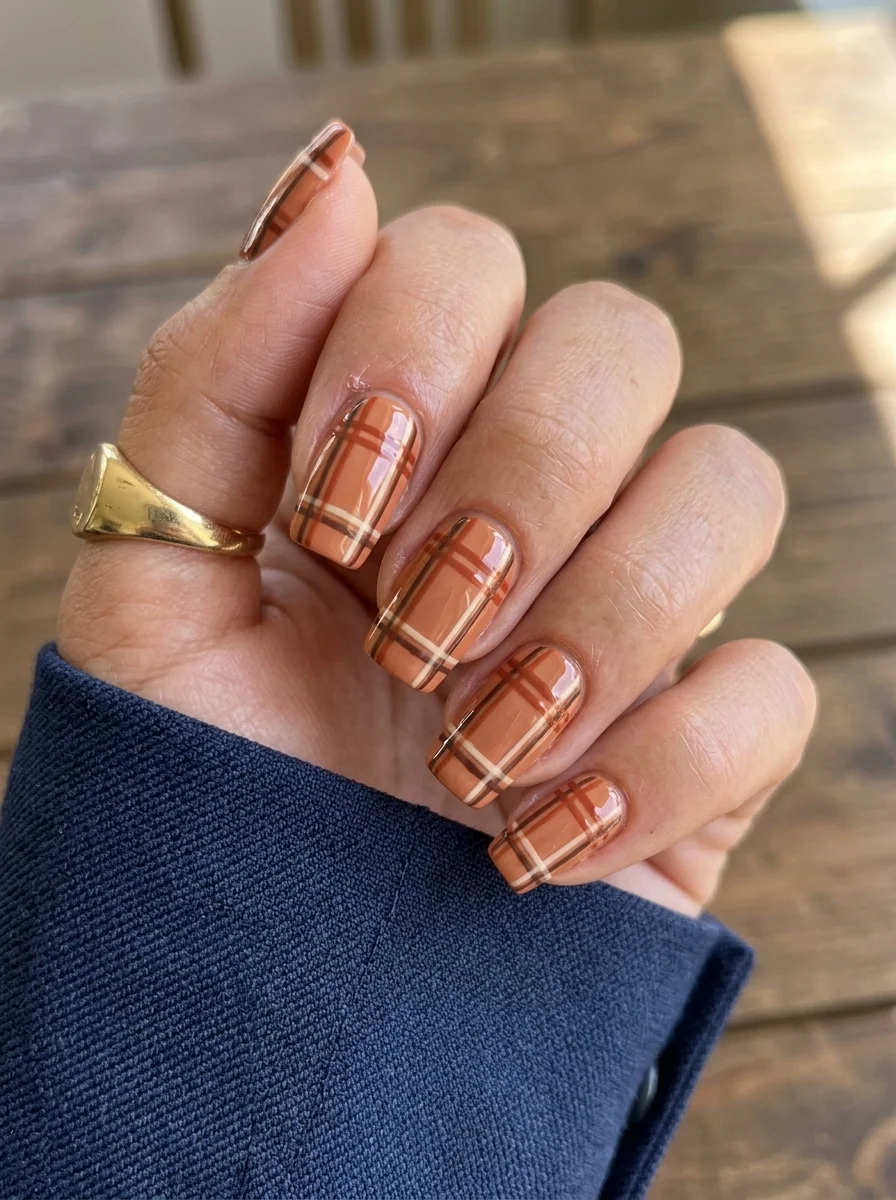 Short square nails with a burnt orange base and darker brown and cream plaid grid pattern.