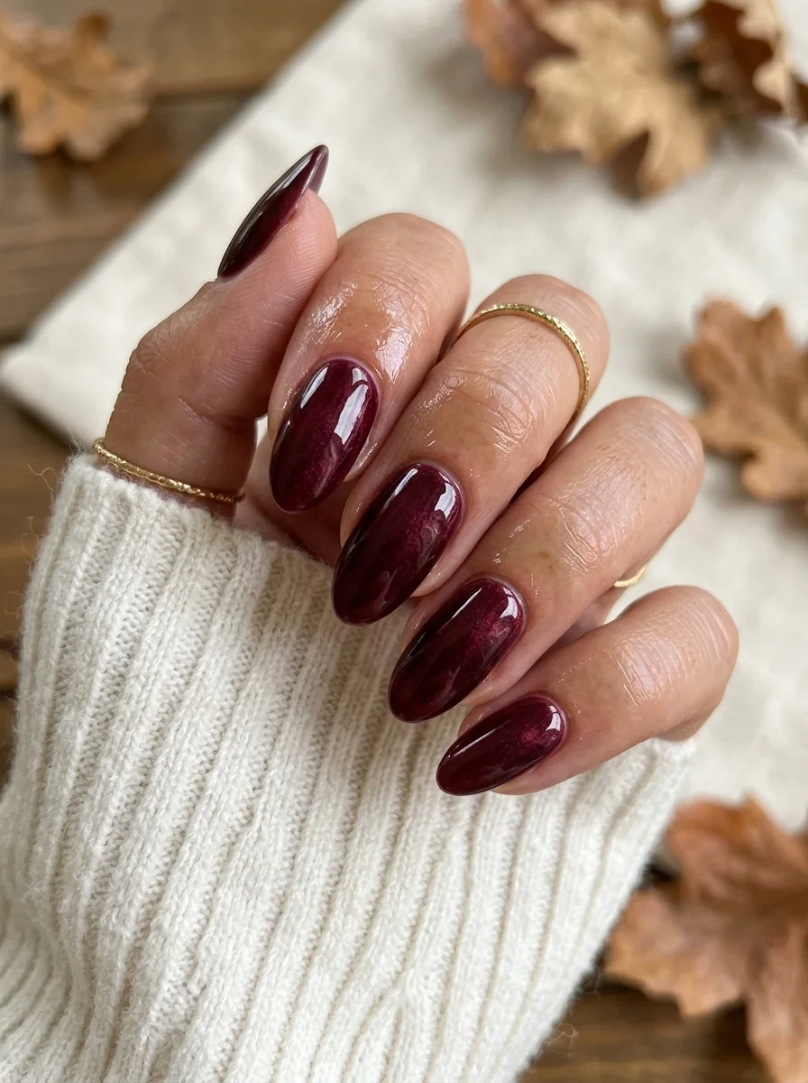 Almond nails with a deep burgundy cat-eye magnetic polish creating a shimmering diagonal light band.